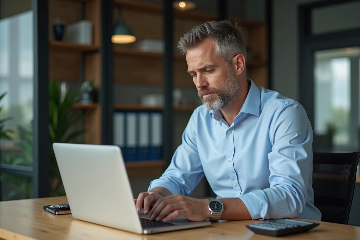 Homme d'affaires au bureau avec ordinateur et calculatrice