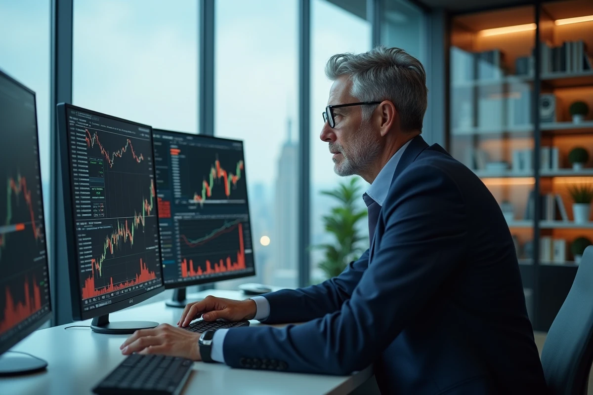 Homme d'affaires en costume analysant des écrans crypto