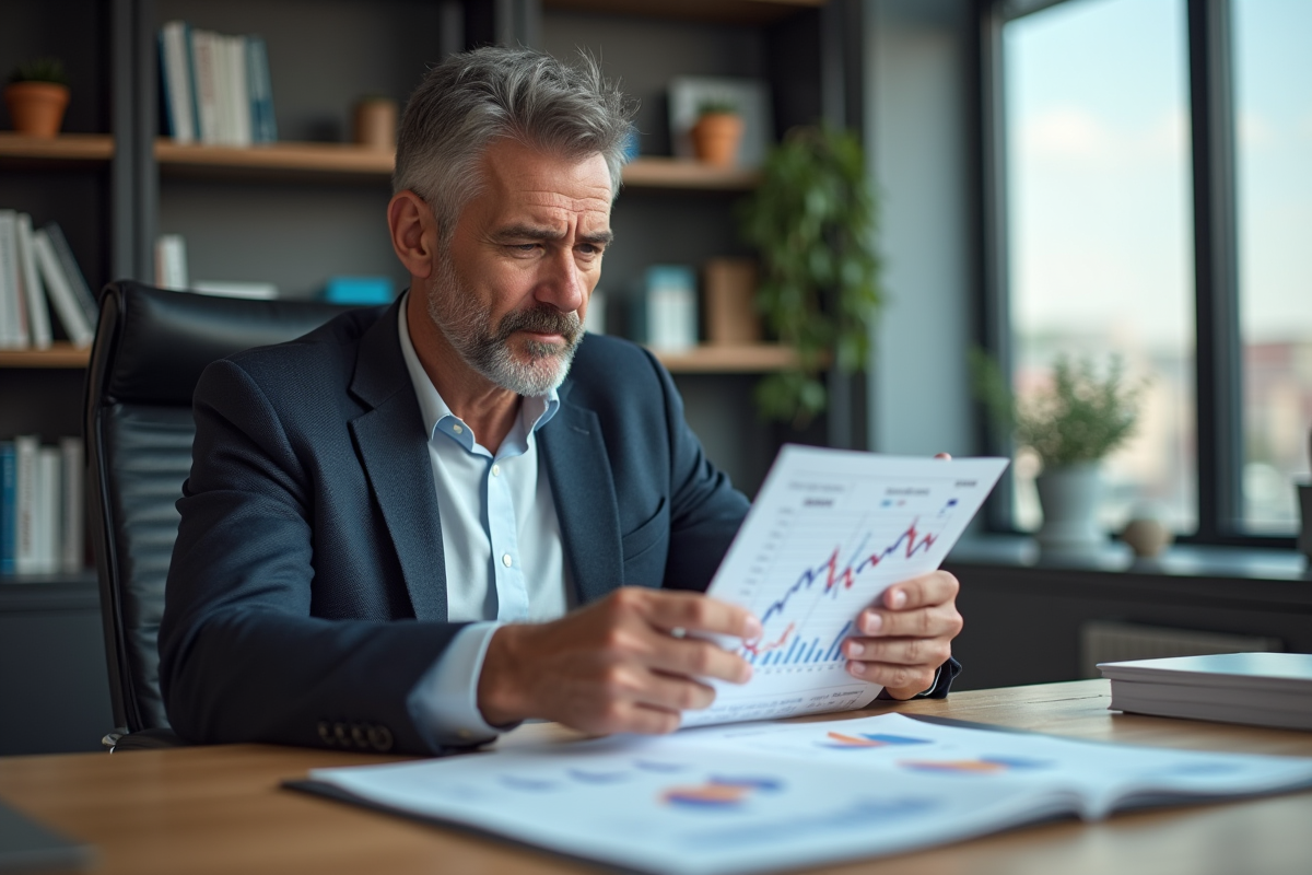 Homme d'affaires étudiant un graphique de baisse de l'euro
