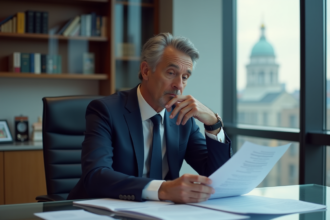 Homme d'affaires en costume bleu examine des documents