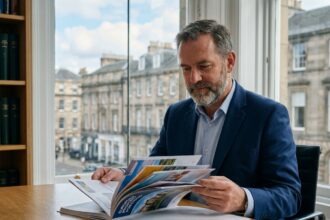 Homme d'affaires en costume bleu dans un bureau moderne