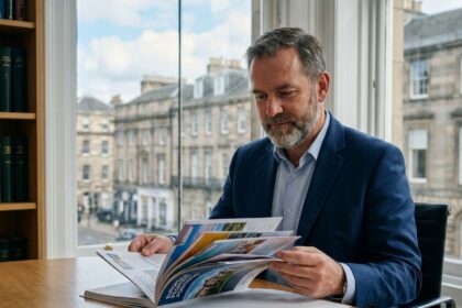 Homme d'affaires en costume bleu dans un bureau moderne