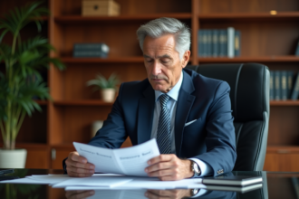 Homme d'affaires en costume bleu examine des documents financiers