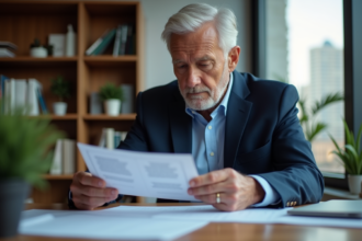Homme d'affaires en costume lisant des documents dans un bureau