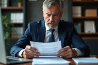 Homme d'affaires en costume lisant une lettre importante