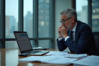Homme d'affaires en costume regardant un document financier négatif