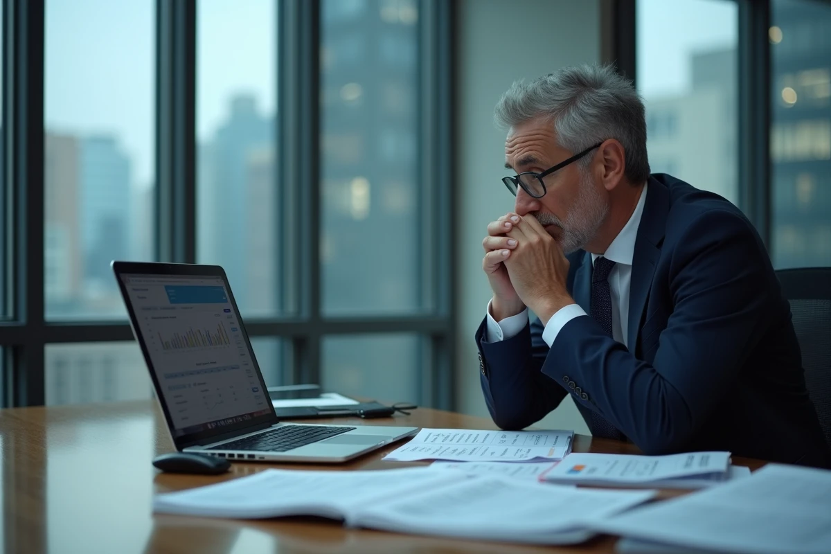 Homme d'affaires en costume regardant un document financier négatif
