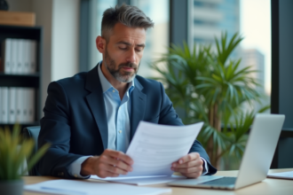 Homme d'affaires en costume bleu examine des documents PEA PME