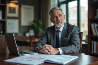 Homme d'affaires en costume gris dans un bureau moderne