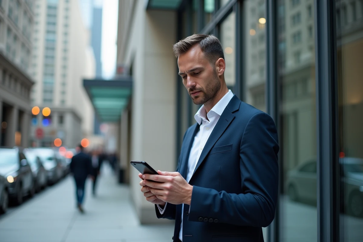 Homme consultant l'application mobile Canorddefrance devant un immeuble de bureaux