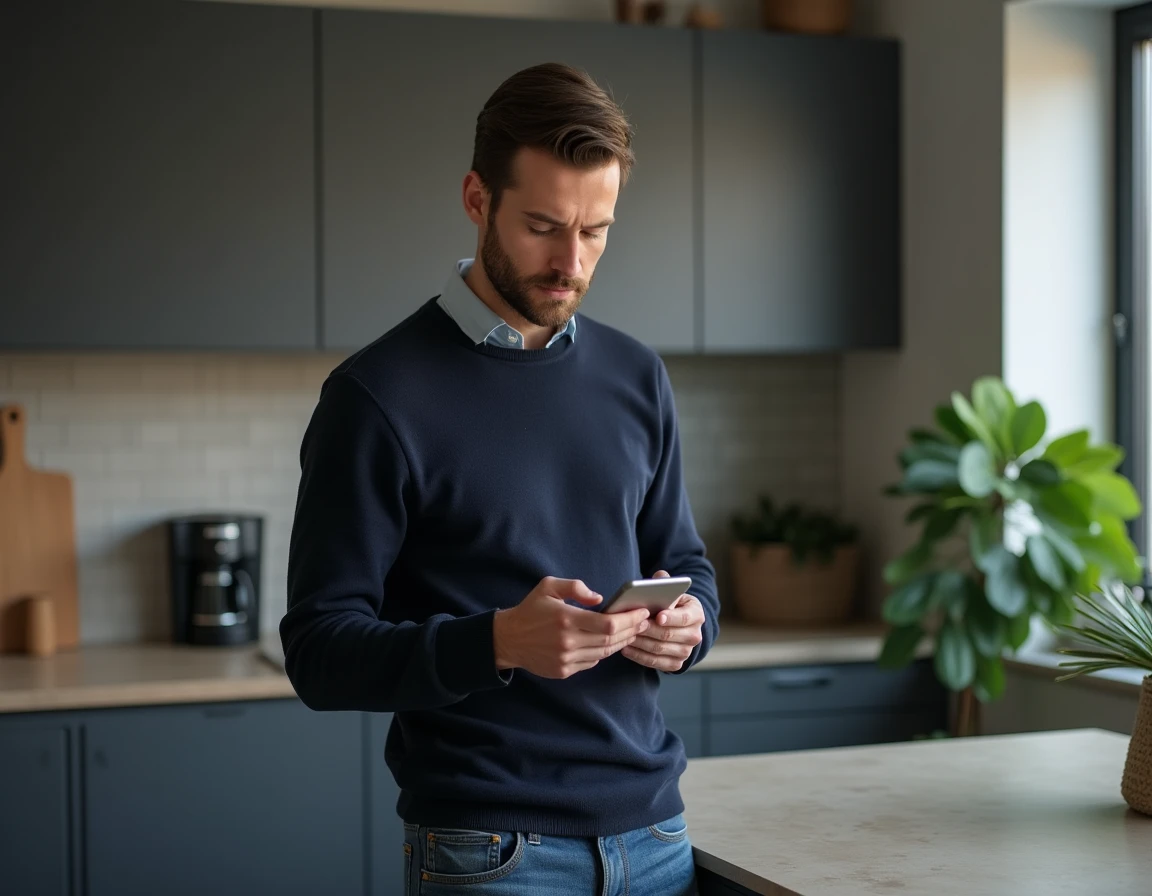 Homme utilisant une application de crédit en ligne sur son smartphone dans une cuisine moderne