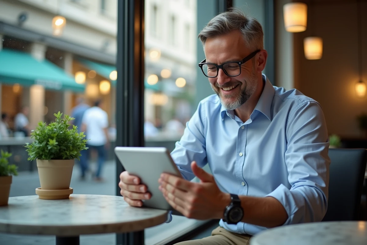 Homme d affaires utilisant une tablette dans un café moderne