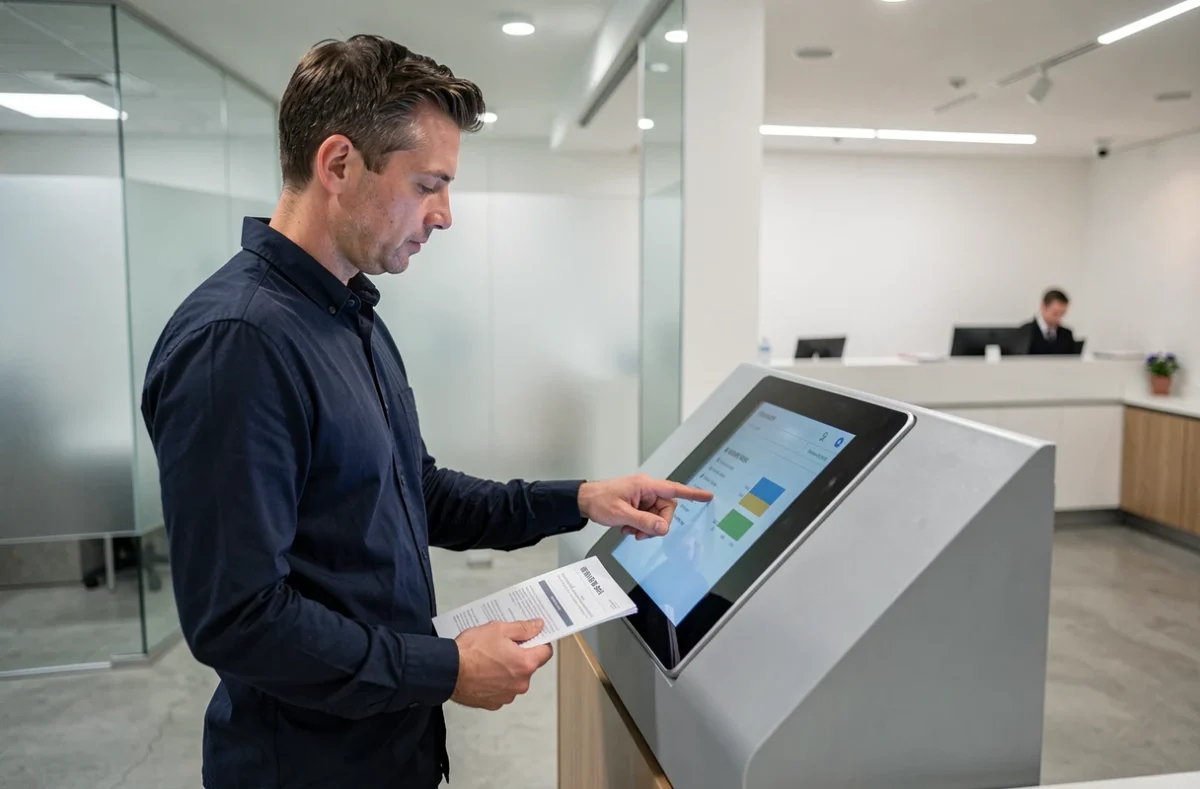 Homme consultant ses options d'épargne sur une borne bancaire interactive pour placer 1500 euros en sécurité