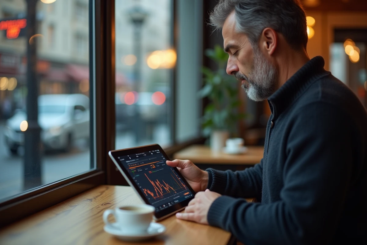 Homme au café consultant des notifications boursieres sur tablette