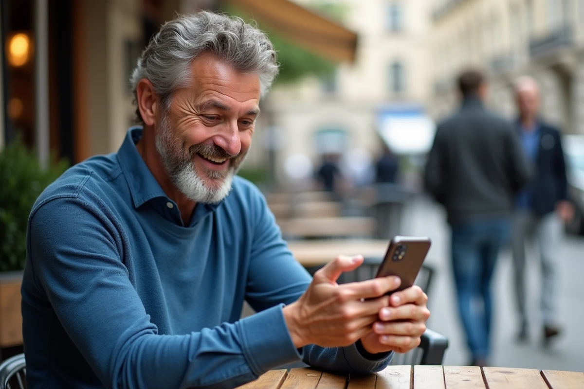 Homme surpris vérifiant son smartphone en extérieur