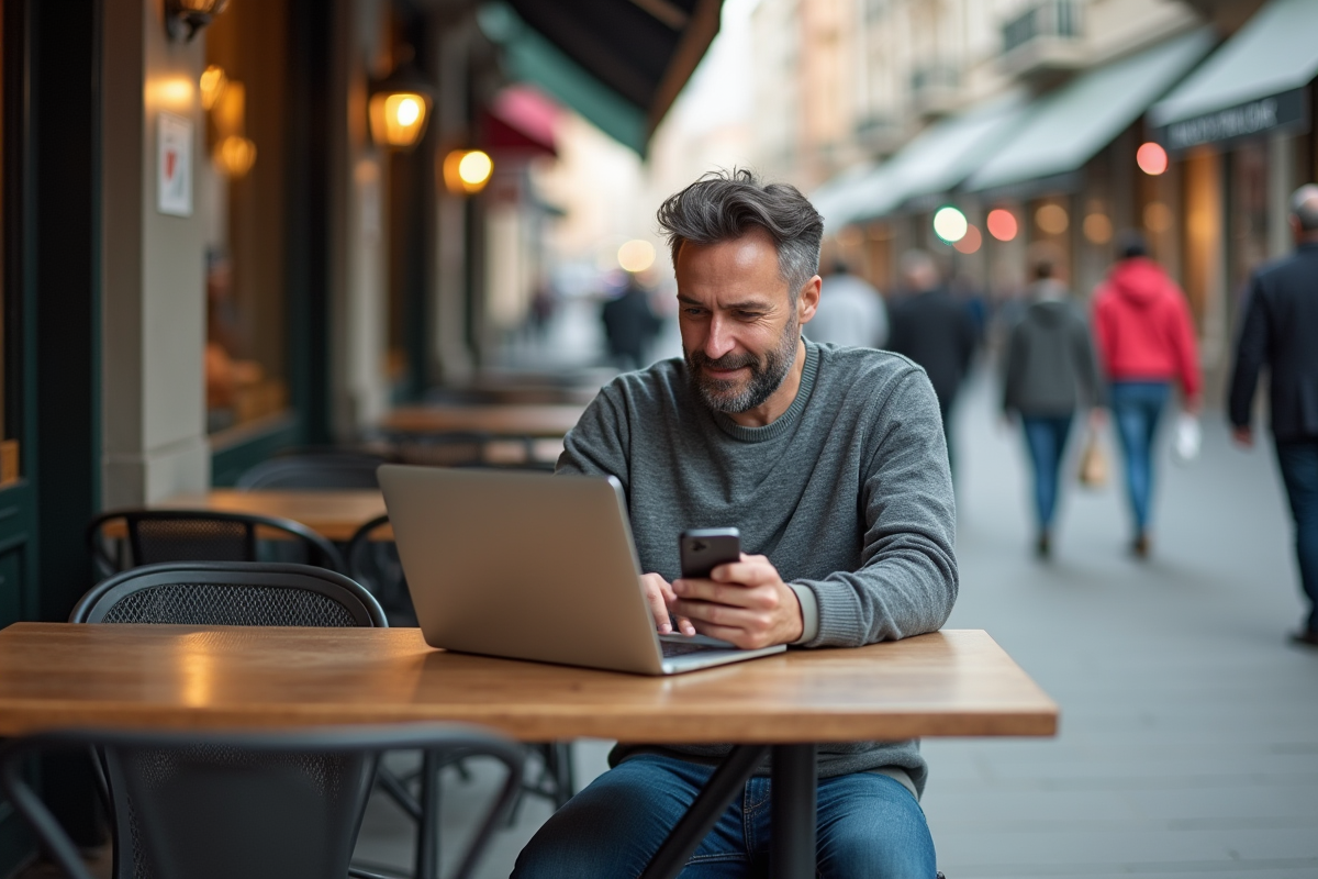 Homme décontracté travaillant au café en extérieur