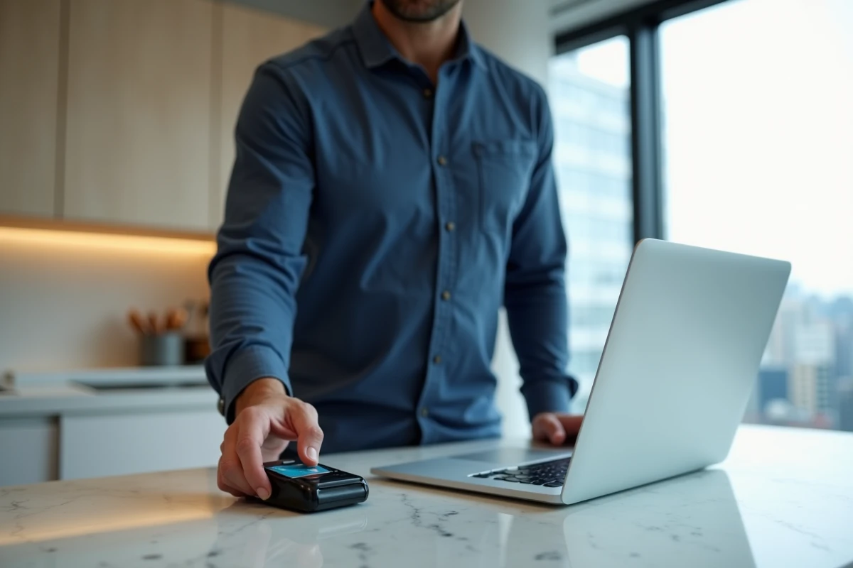 Homme utilisant une carte bancaire sécurisée pour gérer ses transactions financières depuis son domicile