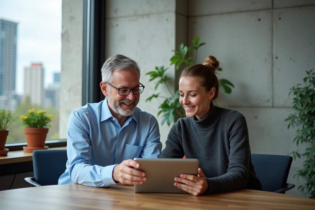 Homme et femme discutant autour d une table de travail