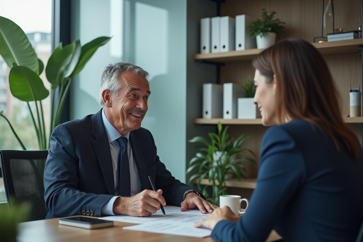 Homme en costume discutant avec conseiller bancaire en bureau