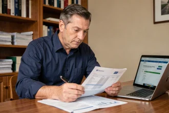 Homme consultant un relevé bancaire à son bureau pour comprendre le sigle Cabrie de Picardie