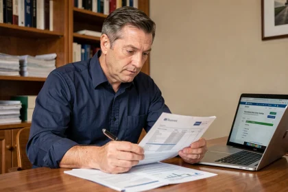 Homme consultant un relevé bancaire à son bureau pour comprendre le sigle Cabrie de Picardie
