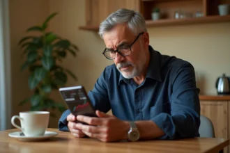 Homme consultant les taux de change du dinar algérien sur son smartphone avant un transfert d'argent