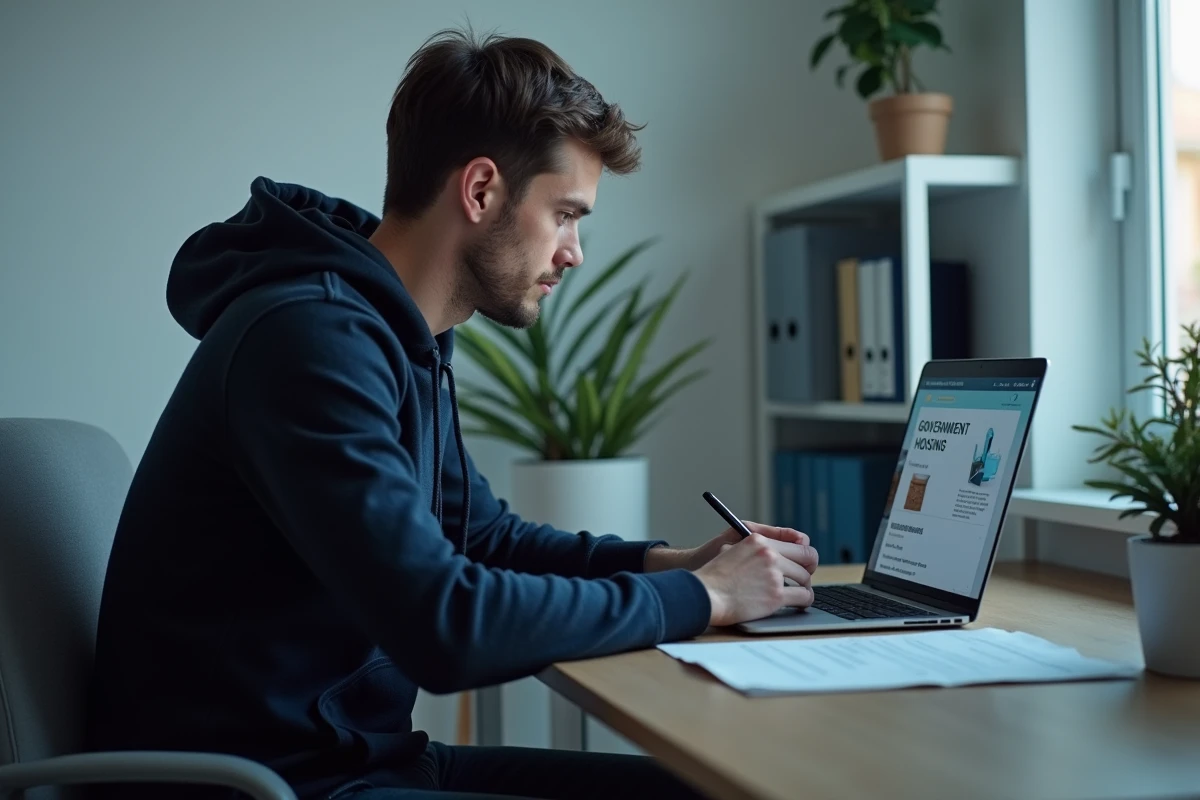 Homme consultant le site CAF sur son ordinateur portable pour vérifier ses droits APL premier mois