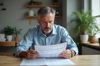 Homme d'âge moyen examine un relevé de dividendes dans un intérieur moderne
