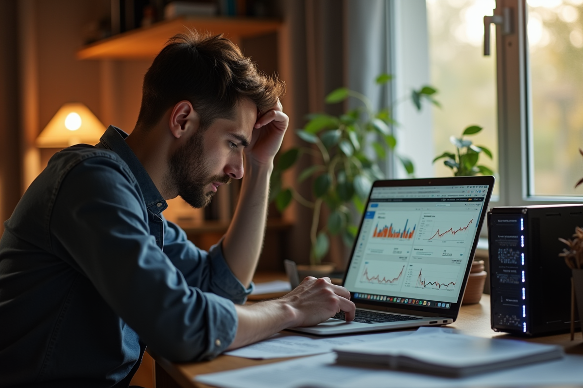 Homme inquiet analysant factures et graphiques bitcoin