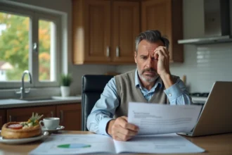 Homme inquiet examinant documents financiers à la maison