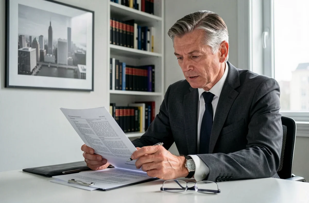Un homme d'affaires examine attentivement les clauses d'un contrat d'assurance emprunteur dans son bureau à domicile