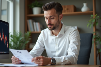 Homme en bureau lisant documents PEA avec ordinateur