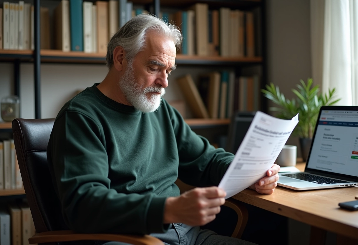 Homme âgé examinant une déclaration de pension