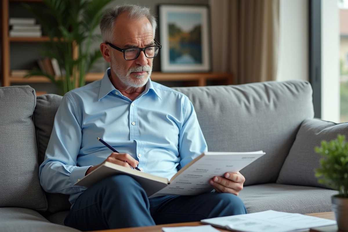 Homme lisant un tableau de taux d intérêts dans un salon moderne