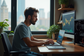 Homme concentré vérifiant ses gains de minage sur un ordinateur