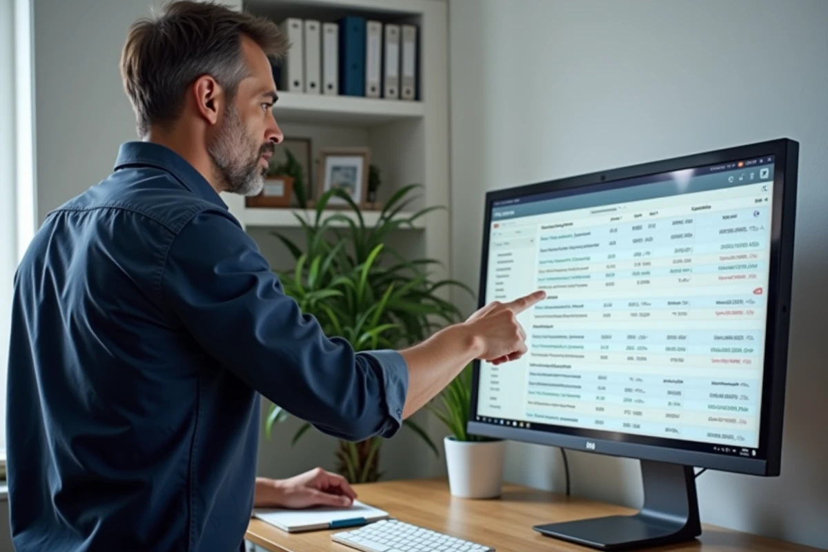 Homme consultant l'historique de ses opérations bancaires en ligne sur un écran d'ordinateur de bureau
