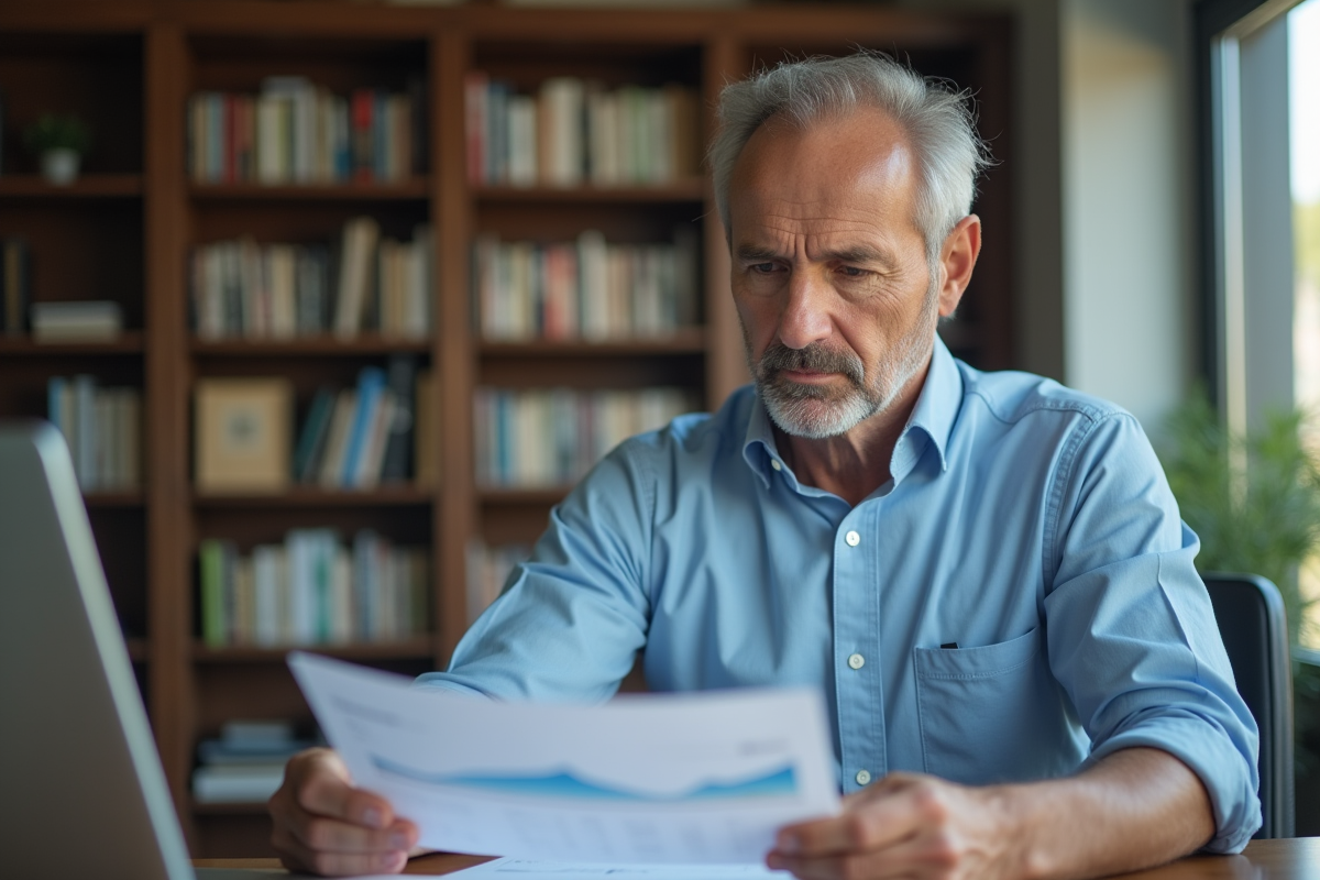 Homme d'affaires en bureau à domicile regardant des papiers