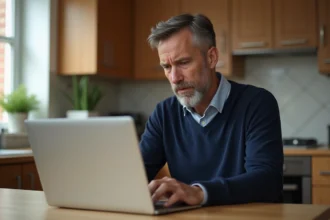 Homme d'âge moyen travaillant sur son ordinateur dans la cuisine