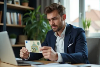 Jeune homme d'affaires vérifiant un taux de change avec un billet de 100 euros