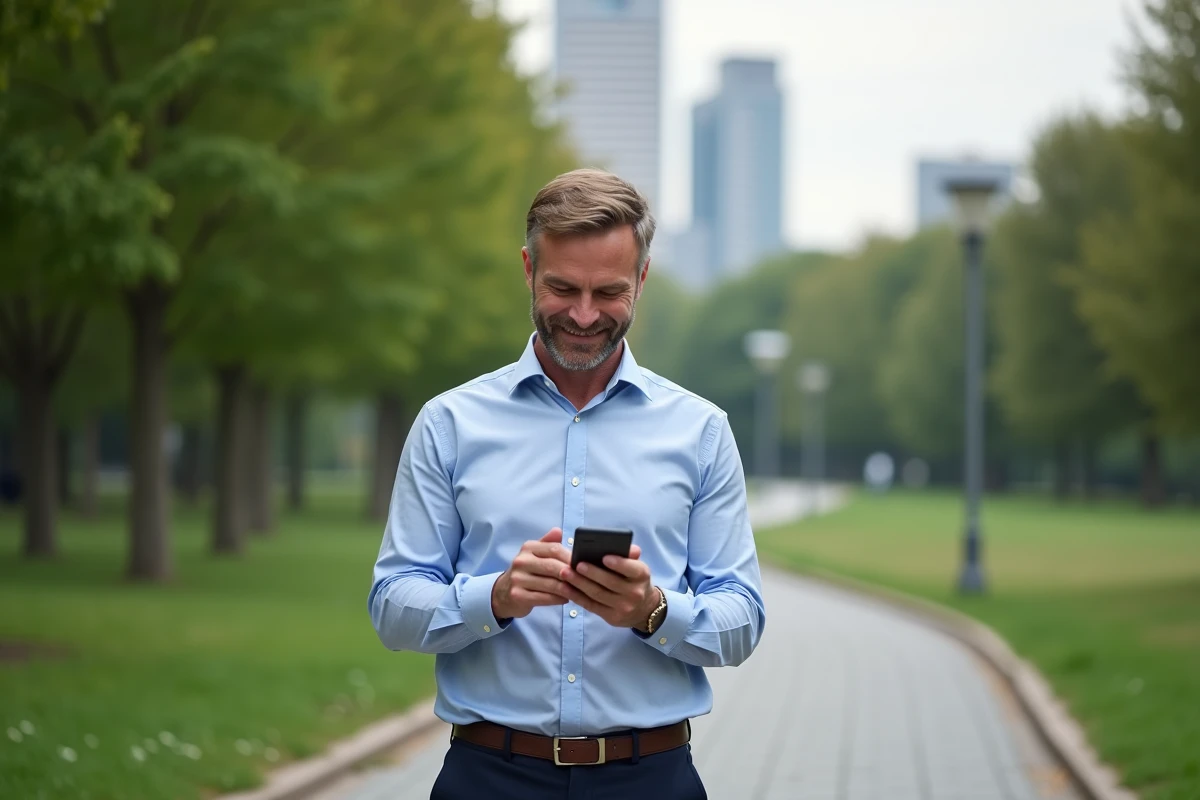 Homme en plein air utilisant son smartphone dans un parc urbain