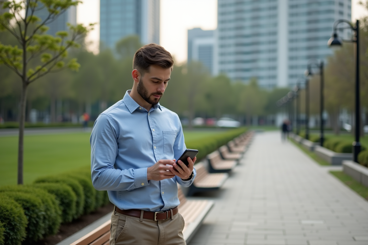 Jeune homme dans un parc vérifiant ses applications bancaires