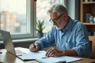Homme d'âge mûr examinant des documents de pension dans un bureau lumineux