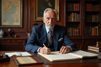 Homme politique français en costume dans un bureau élégant avec des documents financiers sur un bureau en chêne ancien