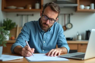 Homme d'âge moyen remplissant un formulaire fiscal dans la cuisine