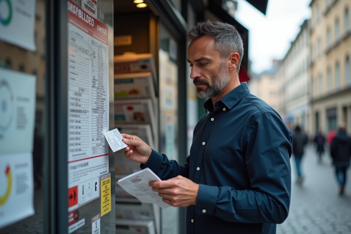 Homme consultant les résultats du tirage Euromillions dans un kiosque de presse urbain