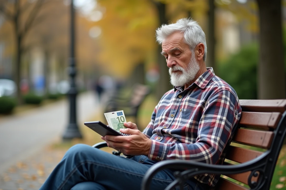 Homme retraité utilise calculatrice dans parc automne