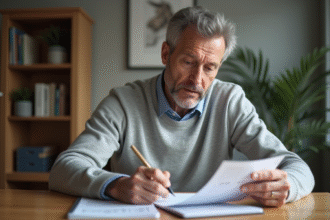 Homme d'âge moyen examinant des documents de retraite