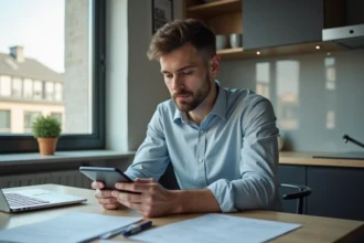 Homme analysant son salaire dans une cuisine luxembourgeoise