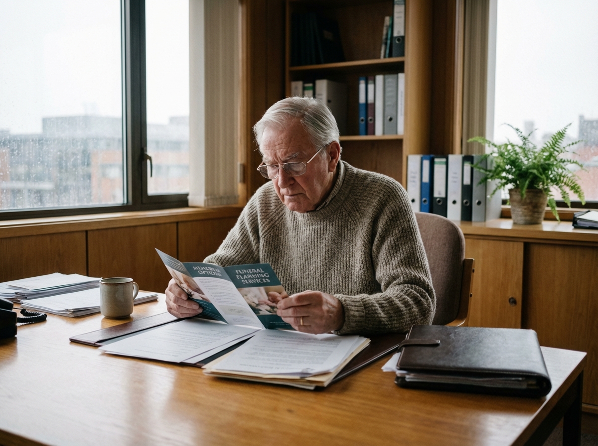Homme âgé examinant des brochures de planification funéraire