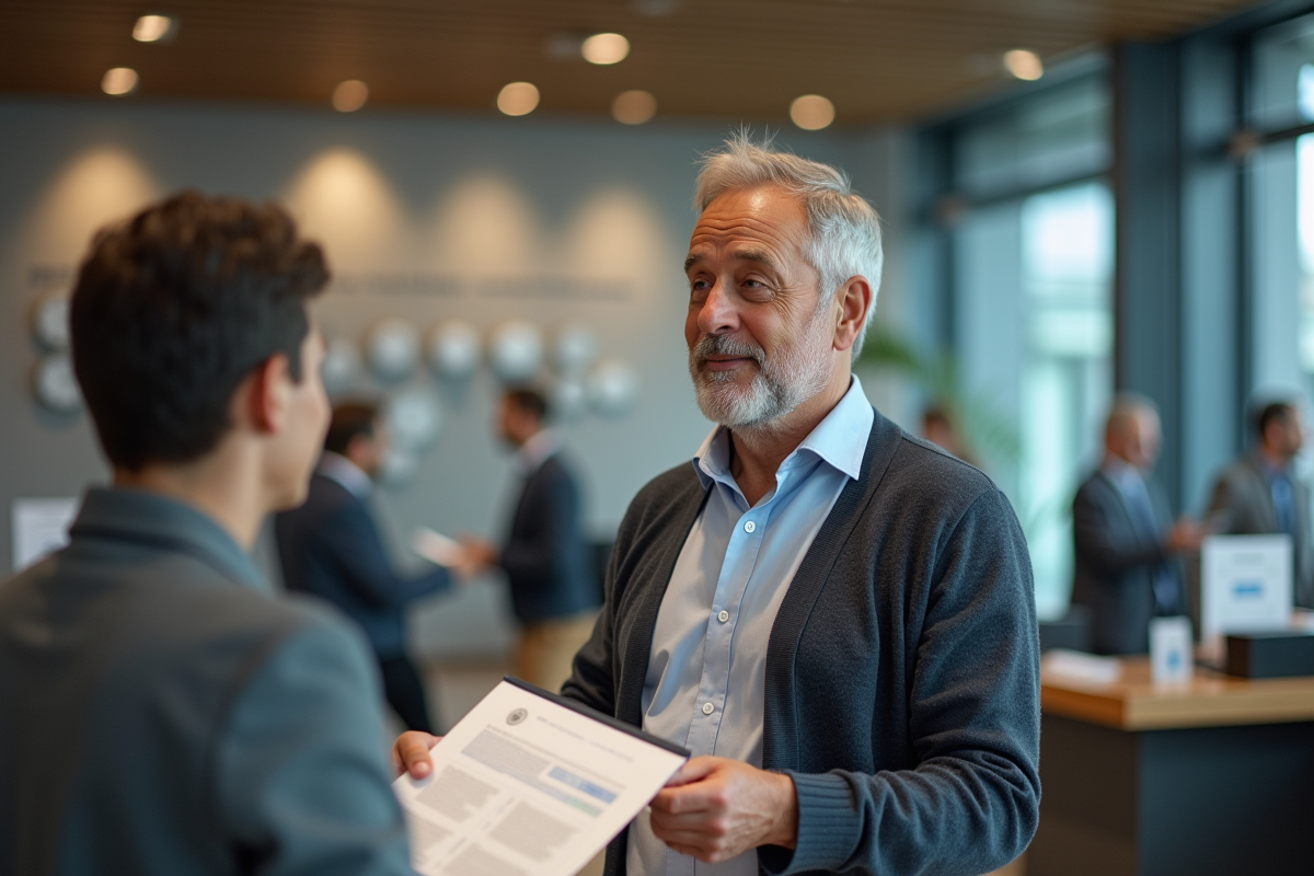 Homme présentant ses documents à un agent bancaire international
